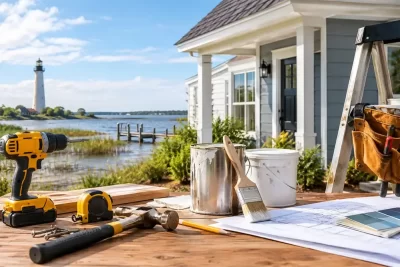 Homeowner painting a living room wall while a contractor measures a finished basement in the background