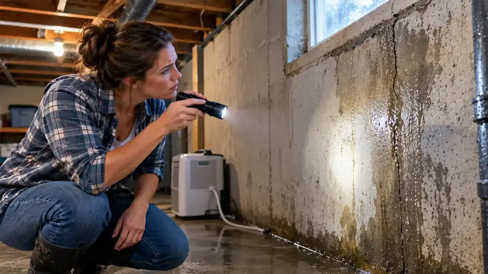 inspecting a basement wall leaking after a rain storm