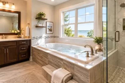Spa-style bathroom remodel with a built-in jetted jacuzzi tub, tile surround and warm lighting
