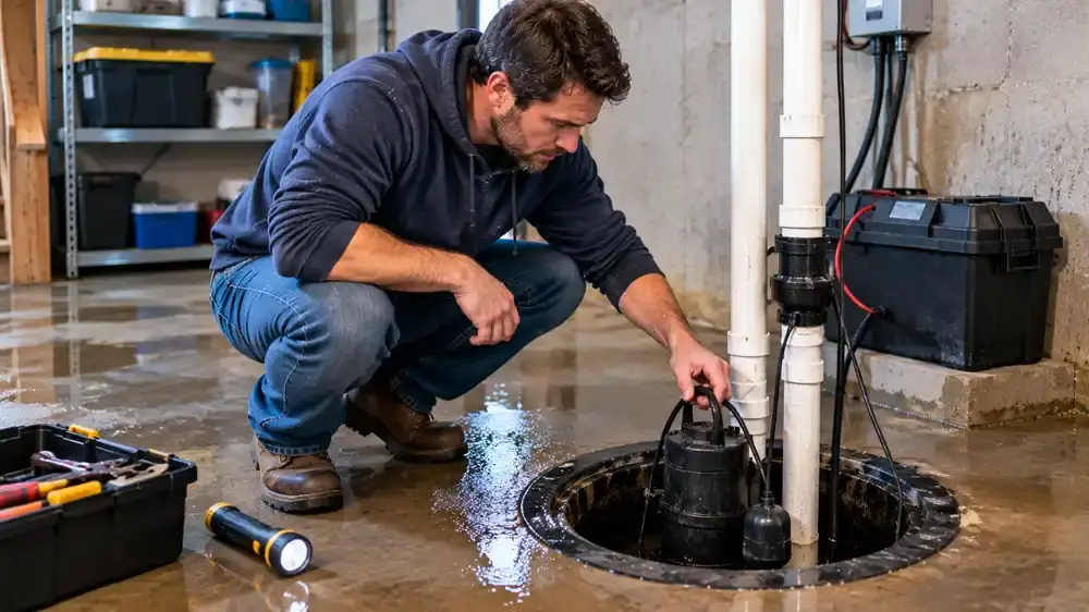 guy inspecting broken sump pump